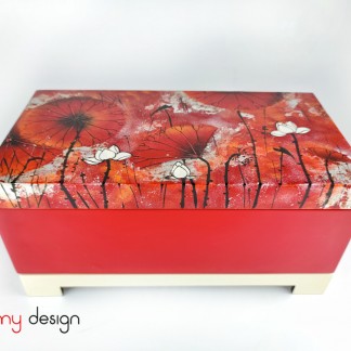 Red rectangle lacquer box hand-painted with lotus pond included with stand 18x35 cm